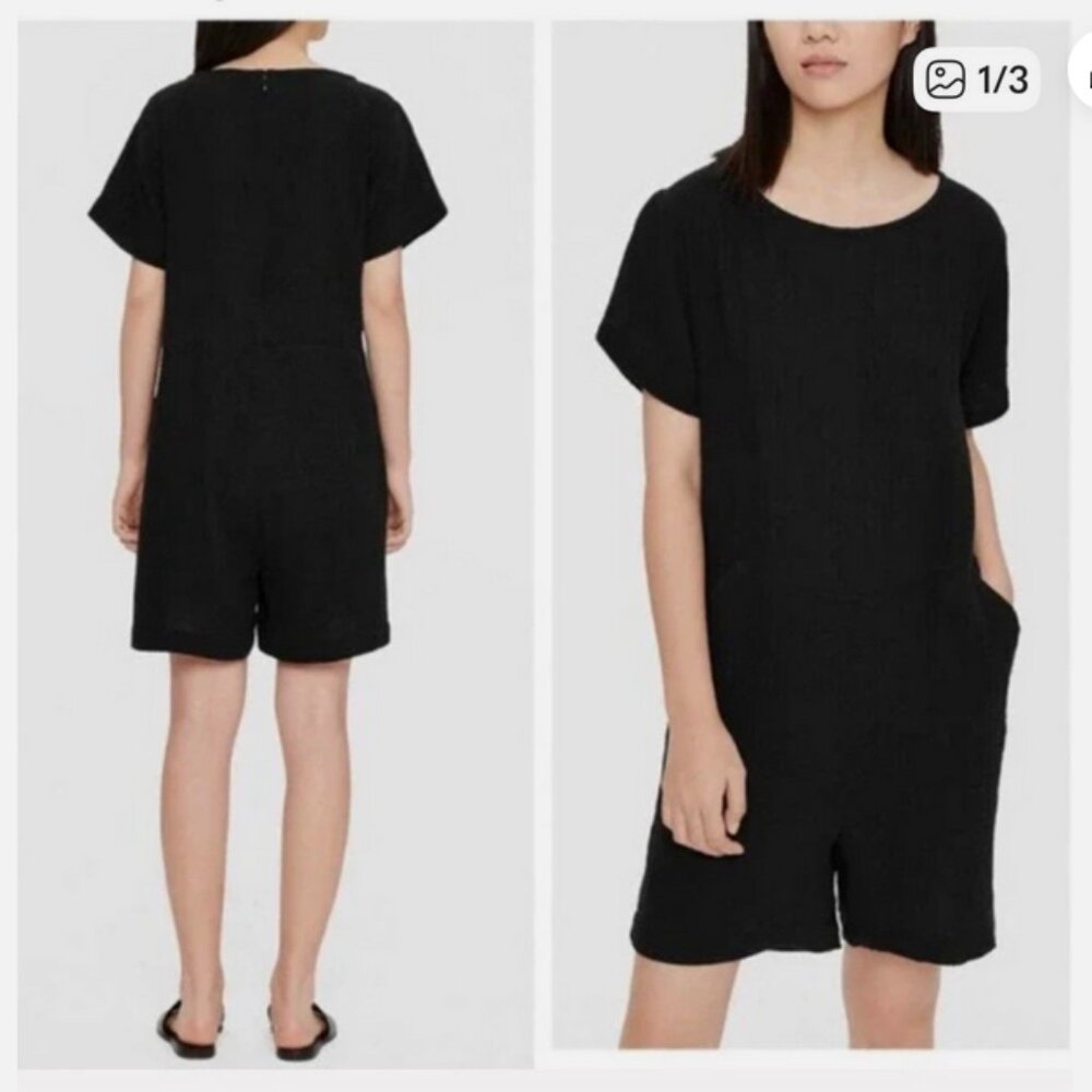 NWT Eileen Fisher Bateau Neck Romper Gauze Size Petite Small Black